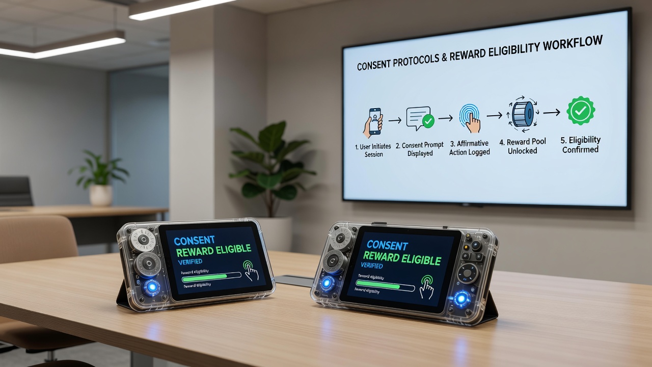 Close-up of smartphone screen showing reward claim process with consent status indicators