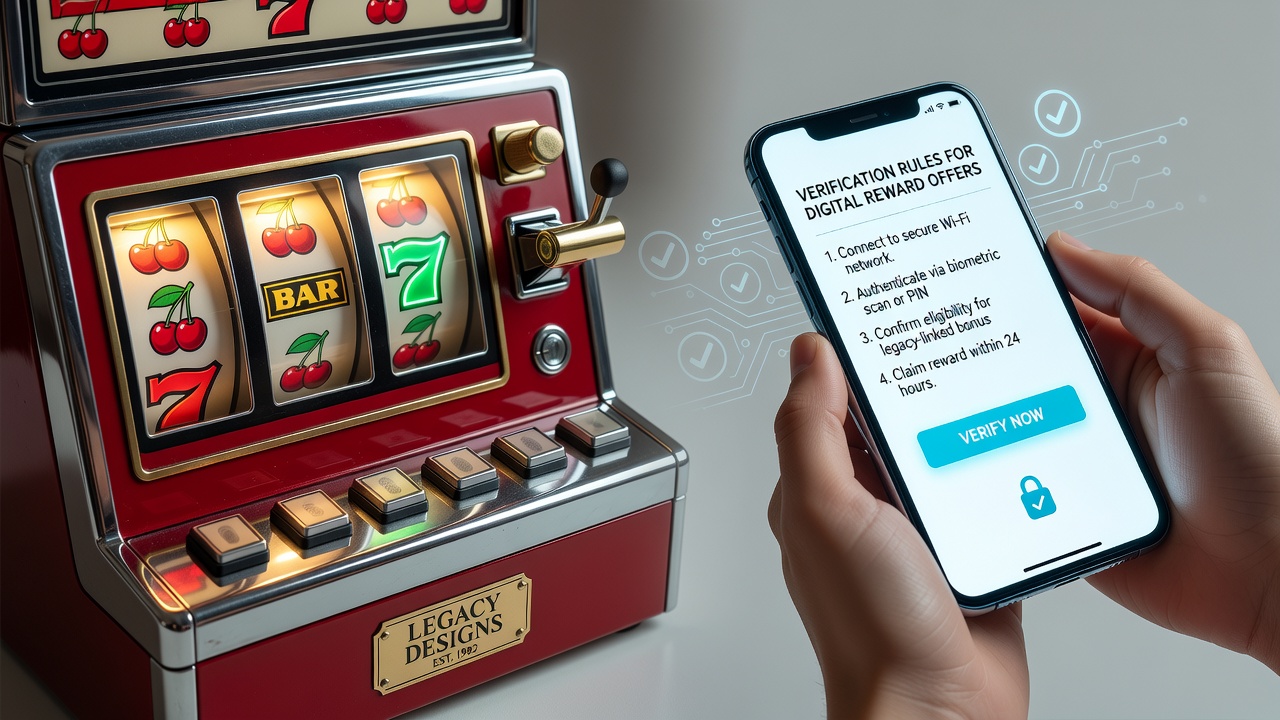 Vintage fruit machine reels displayed alongside modern smartphone gambling interface showing reward verification prompts